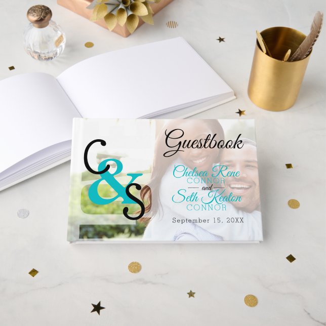 Moderne Hochzeit - Türkis Gästebuch (Vorderseite Offen)