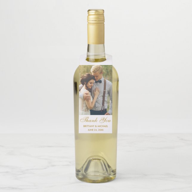 Moderne Hochzeit Vielen Dank Foto Gold Flaschenanhänger (Auf Flasche)