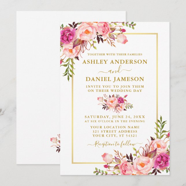 Moderne Hochzeit von Aquarellfarben Rosa Blush Flo Einladung (Vorne/Hinten)
