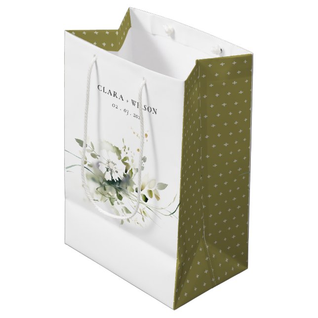 Moderne Hochzeit von Boho Abstrakt-grüner Blütenbl Mittlere Geschenktüte (Vorderseite Schrägansicht)