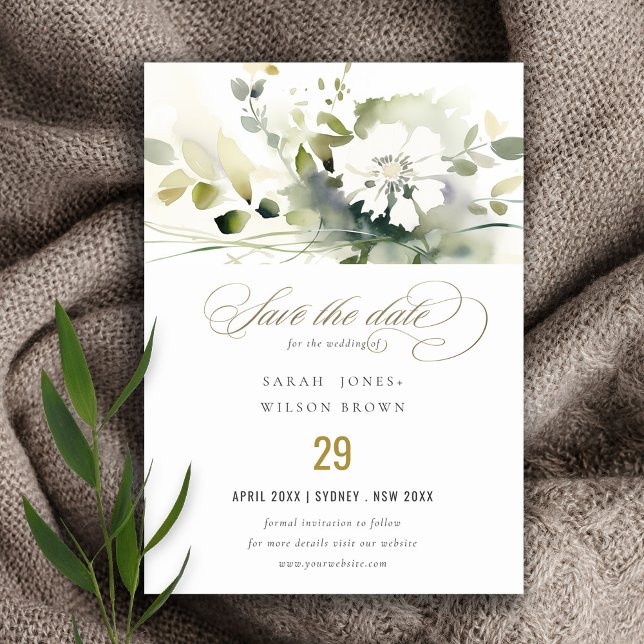 Moderne Hochzeit von Boho Abstrakt-grüner Blütenbl Save The Date (Von Creator hochgeladen)