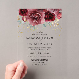 Moderne Hochzeit von Boho Burgund Rot und Gold Flo Acryleinladungen