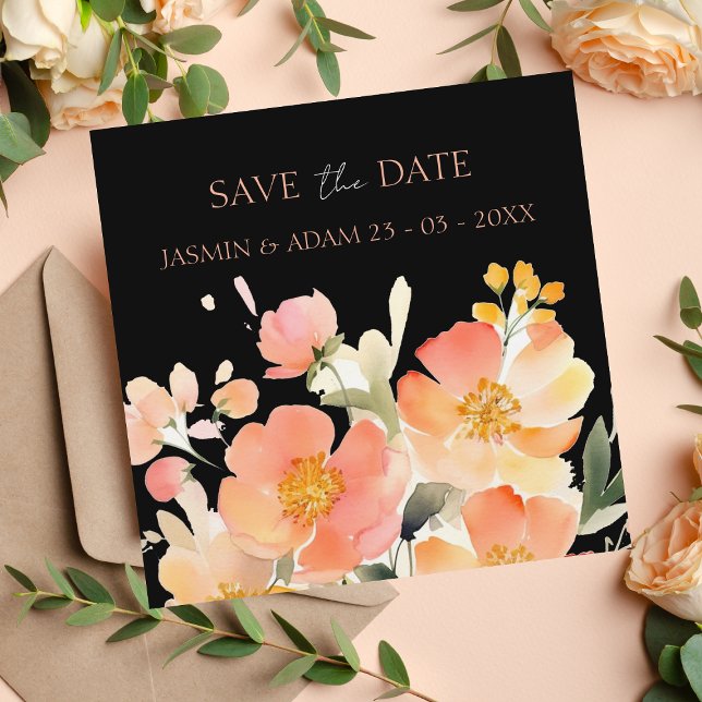 Moderne Hochzeit von Boho Orange Peach und Black F Save The Date (Von Creator hochgeladen)