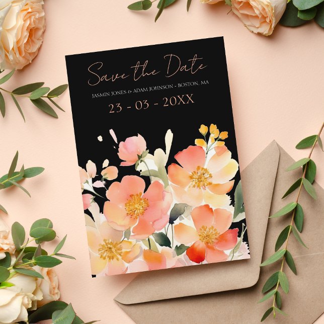 Moderne Hochzeit von Boho Orange Peach und Black F Save The Date (Von Creator hochgeladen)