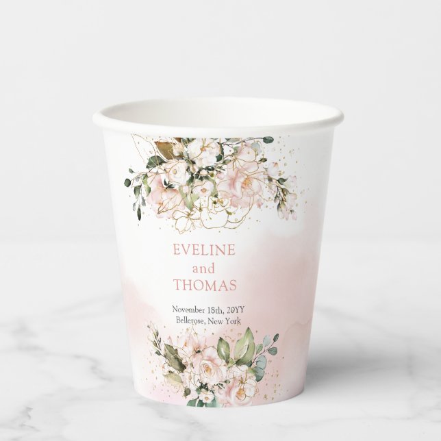 Moderne Hochzeit von Boho Rosa Blütengold Funkeln Pappbecher (Vorderseite)