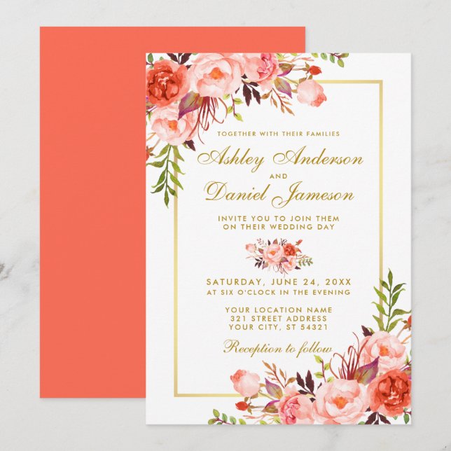 Moderne Hochzeit von Coral Floral Gold Einladung (Vorne/Hinten)