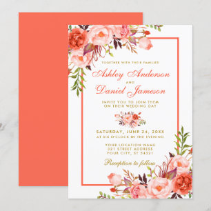 Moderne Hochzeit von Coral Floral Gold Einladung