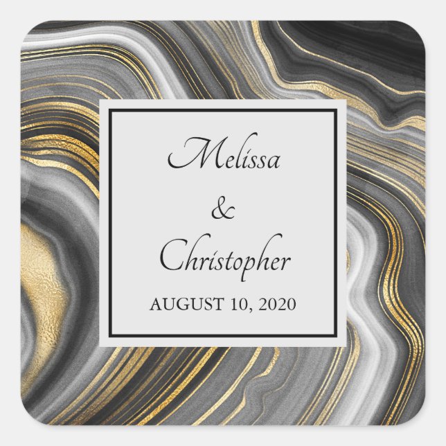 Moderne Hochzeit von Gold & Gray Agate Geode Gemst Quadratischer Aufkleber (Vorderseite)