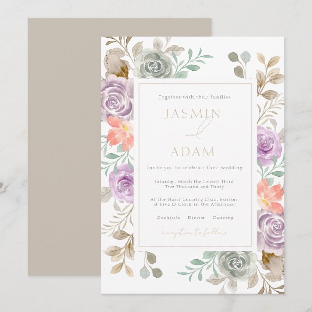 Moderne Hochzeit von Gold Lilac Peach Floral Einladung (Vorne/Hinten)