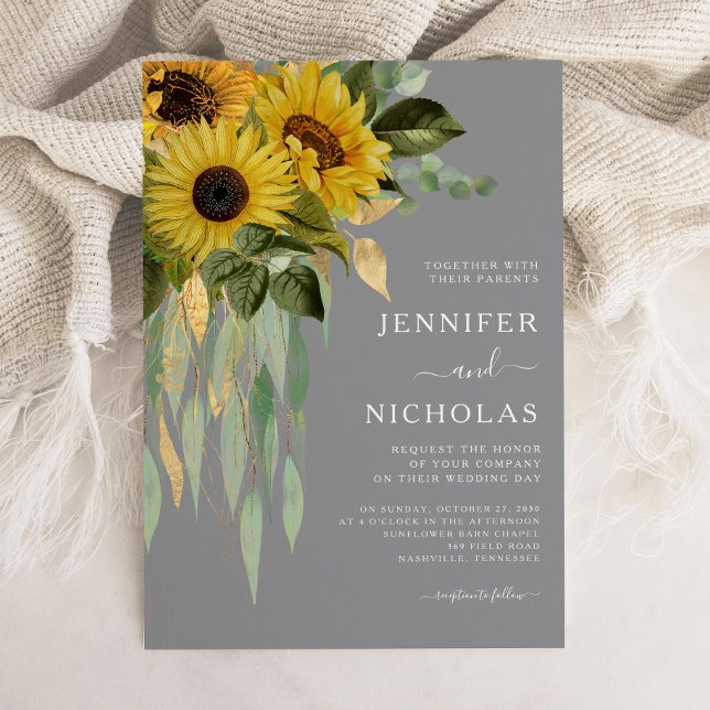 Moderne Hochzeit von grauen Sonnenblumen Einladung (Modern Gray Sunflowers Wedding Invitation)