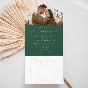 Moderne Hochzeit von Green and Gold Foil Script Fo All-in-One-Einladung