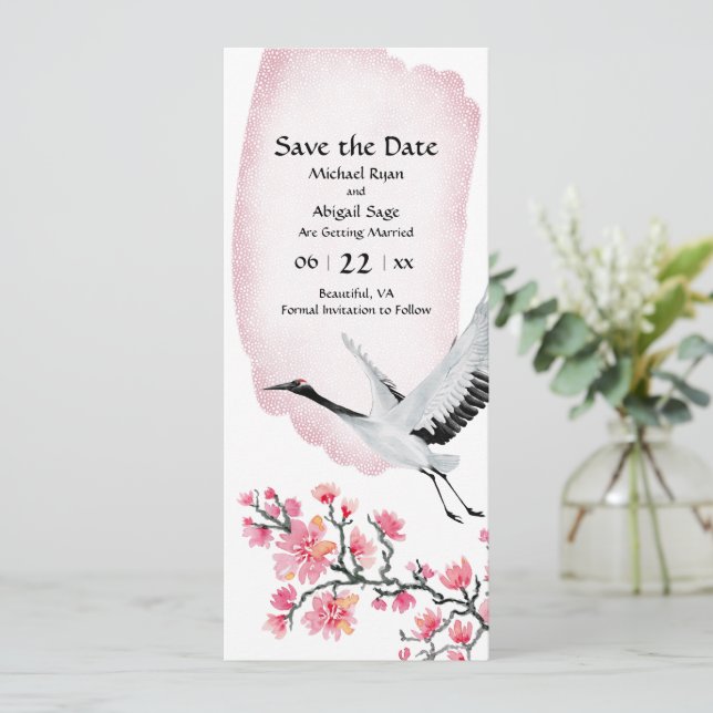 Moderne Hochzeit von japanischem Crane und Cherry  Save The Date (Stehend Vorderseite)