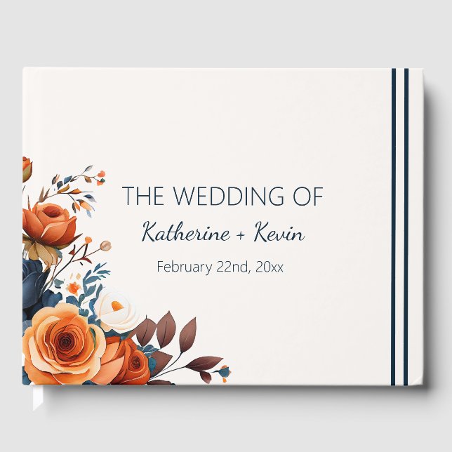 Moderne Hochzeit von Navy Blue und Burnt Orange Gästebuch (Vorderseite)