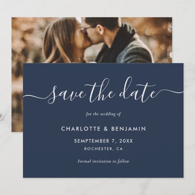 Moderne Hochzeit von Navy Blue und Silver Foto Ankündigung (Vorne/Hinten)