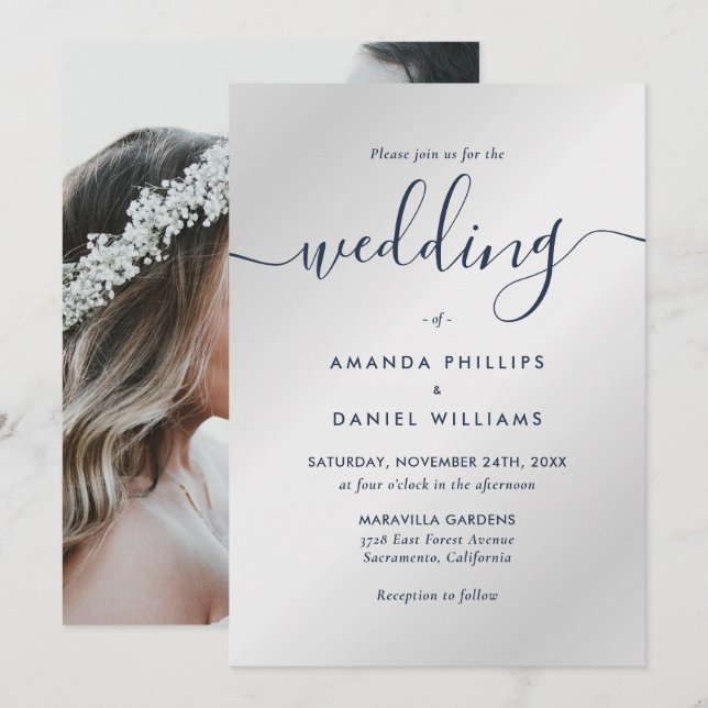 Moderne Hochzeit von Navy Blue und Silver Foto Einladung (Vorne/Hinten)