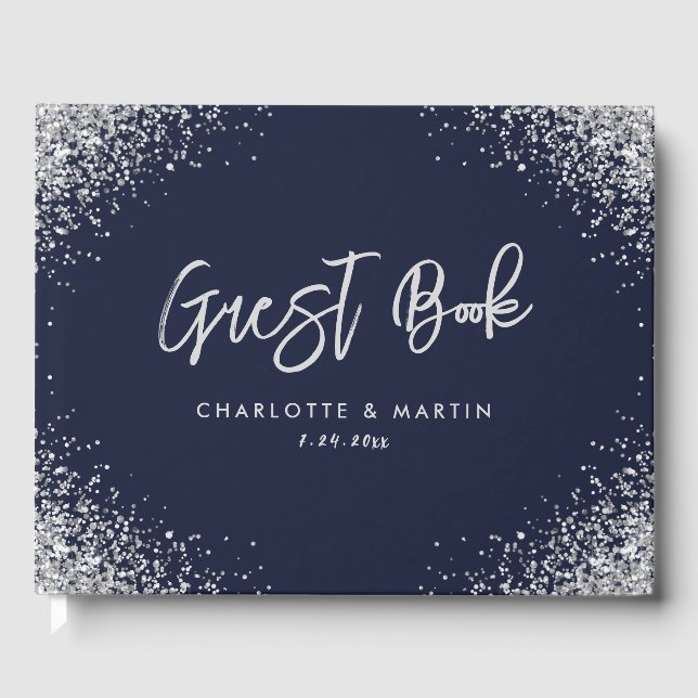 Moderne Hochzeit von Navy Blue und Silver Glitzer Gästebuch (Vorderseite)
