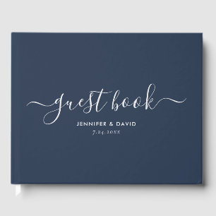 Moderne Hochzeit von Navy Blue und Silver Script Gästebuch