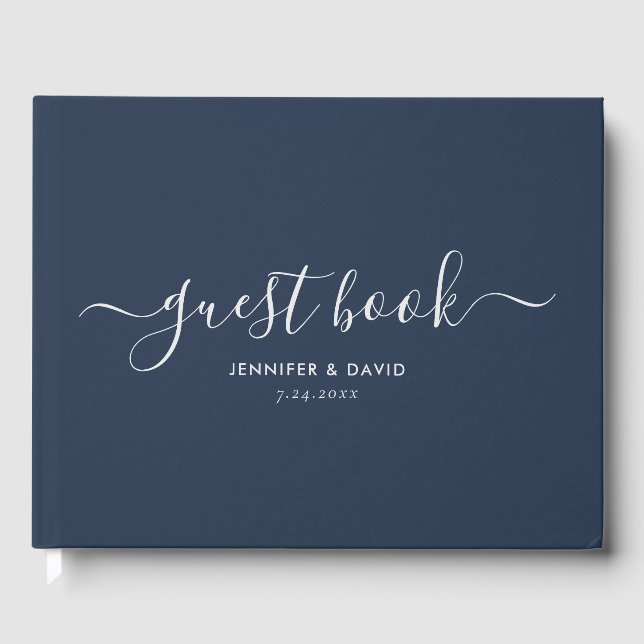 Moderne Hochzeit von Navy Blue und Silver Script Gästebuch (Vorderseite)
