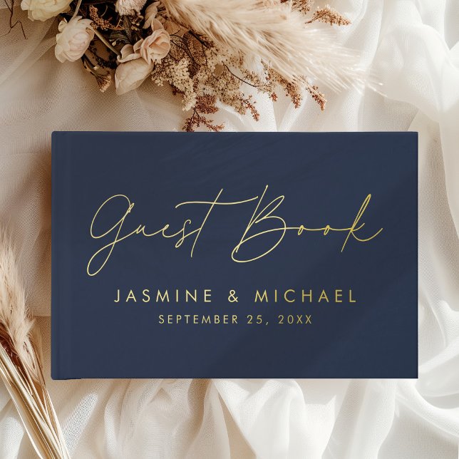 Moderne Hochzeit von Navy- und Gold Foil-Script-Fo Gästebuch (Von Creator hochgeladen)