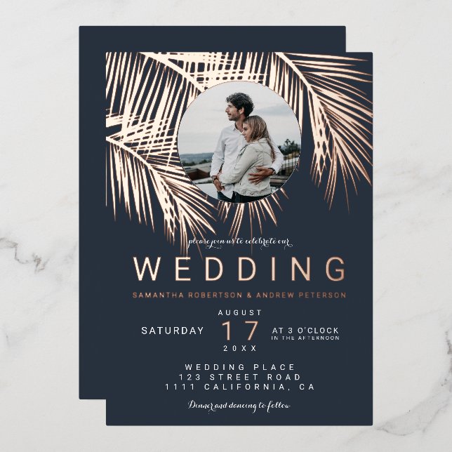 Moderne Hochzeit von Palmen aus tropischem Foto Ro Folieneinladung (Vorderseite/Rückseite)