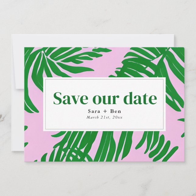 Moderne Hochzeit von Pink und Green Beach Palm Tre Save The Date (Vorderseite)