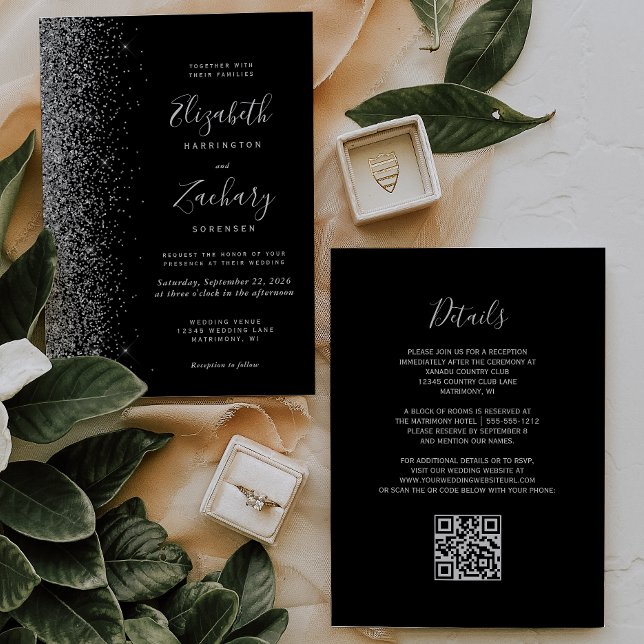 Moderne Hochzeit von Silver Glitzer Black QR Code Einladung (Von Creator hochgeladen)