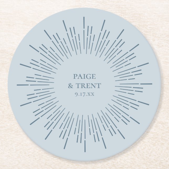 Moderne Hochzeit von Slate Blue Sunburst Runder Pappuntersetzer (Vorderseite)