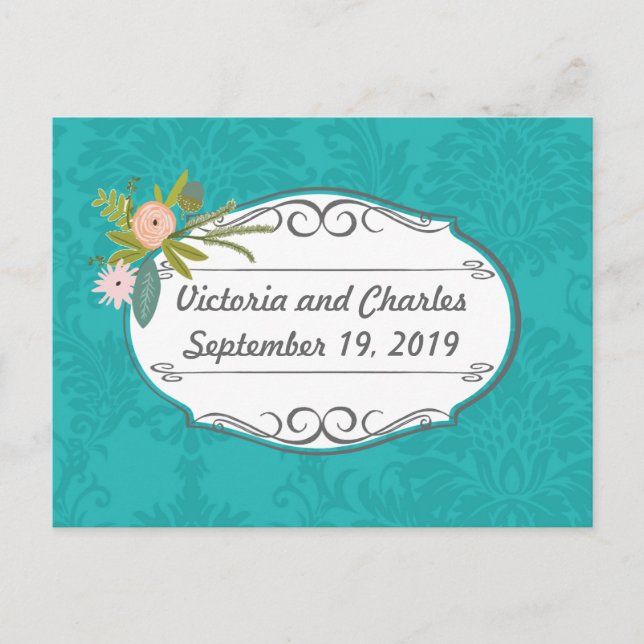 Moderne Hochzeit von Türkis Pink und KorallenDamas Postkarte (Vorderseite)