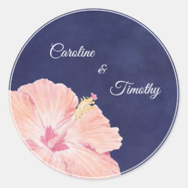 Moderne Hochzeit von Watercolor Hibiskus Navy Blue Runder Aufkleber