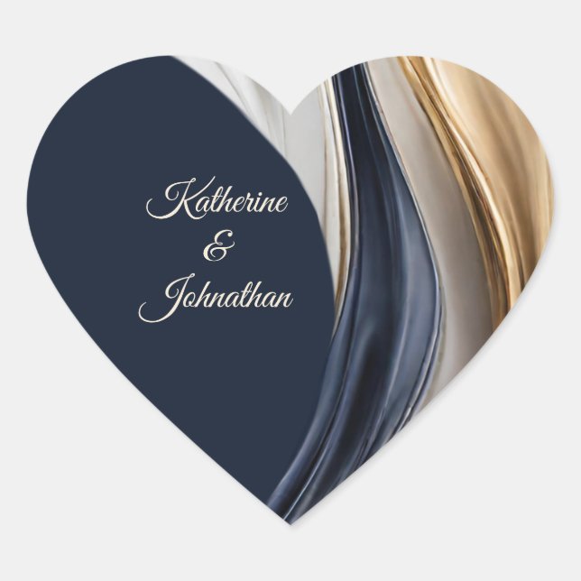 Moderne Hochzeiten - Blau, Weiß und Gold Herz-Aufkleber (Vorderseite)