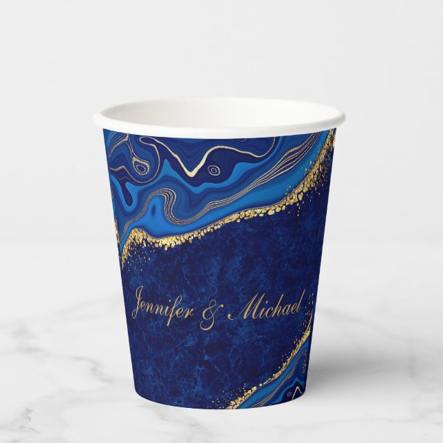 Moderne Hochzeiten Gold und Blau Eleganter Individ Pappbecher (Vorderseite)