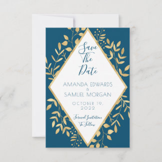 Moderne Hochzeiten in Blau und Gold speichern das Save The Date
