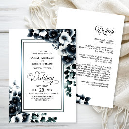 Moderne Hochzeiten in einer Schwarz-weißen Blumen Einladung