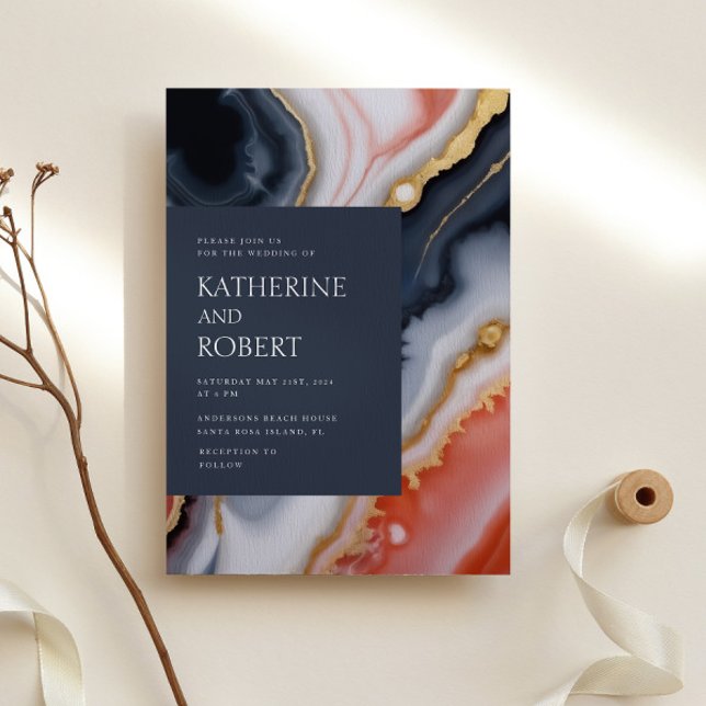 Moderne Hochzeiten in Navy Blue und Orange Agate Einladung (Von Creator hochgeladen)