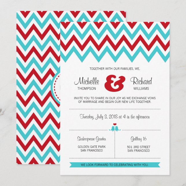 Moderne Hochzeiten in Red and Aqua Zickzack & Love Einladung (Vorne/Hinten)