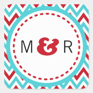 Moderne Hochzeiten in Red and Aqua Zickzack & Love Quadratischer Aufkleber