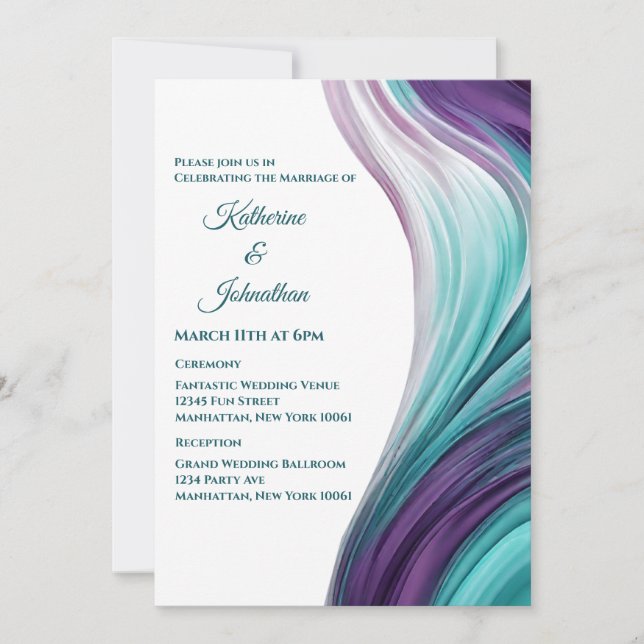 Moderne Hochzeiten Lila und Aquamarin Einladung (Vorderseite)
