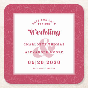 Moderne Hochzeiten speichern das Date Magenta Leaf Rechteckiger Pappuntersetzer