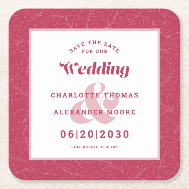 Moderne Hochzeiten speichern das Date Magenta Leaf Rechteckiger Pappuntersetzer (Vorderseite)
