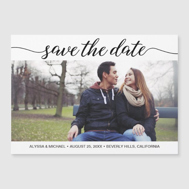 Moderne Hochzeiten speichern das Date Script-Foto Magneteinladung (Vorderseite)