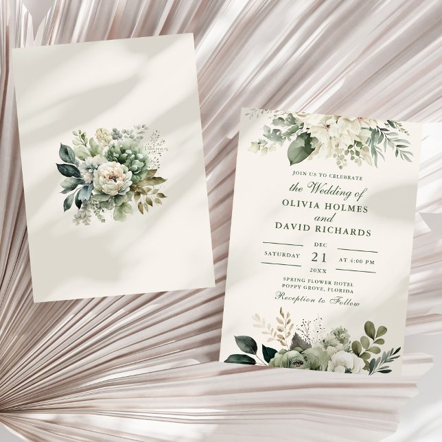 Moderne Hochzeiten von Grün- und Elfenbeinküchen Einladung (Modern Sage Green and Ivory Flowers Wedding Invitation on a sunny white dry palm leaf.)