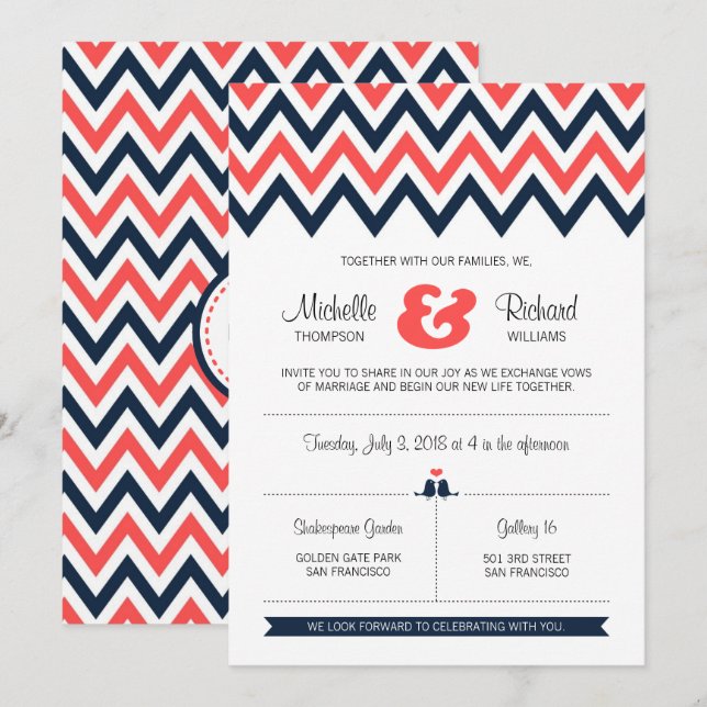 Moderne Hochzeiten von Navy & Coral Zickzack & Lov Einladung (Vorne/Hinten)
