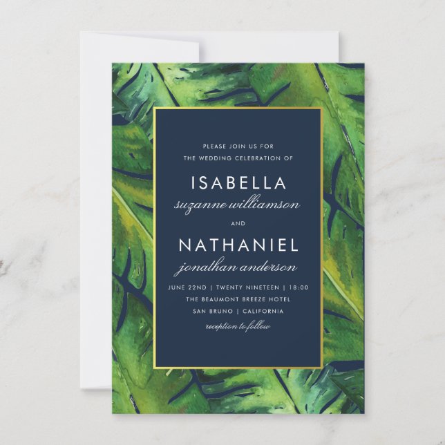 Moderne Hochzeiten von Navy & Green Tropical Blätt Einladung (Vorderseite)