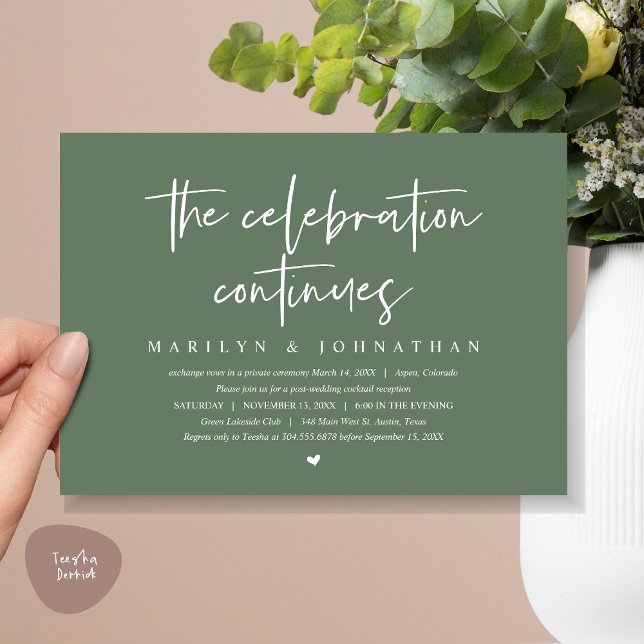 Moderne Hochzeitfeier geht weiter Einladung (Wedding Elopement, Modern celebration continues Invitation Card, PDF, in Sage Green)