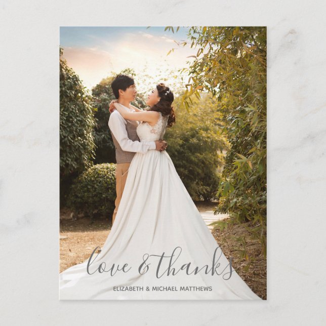 Moderne Hochzeitkalligrafie-Liebe dank Foto Postkarte (Vorderseite)