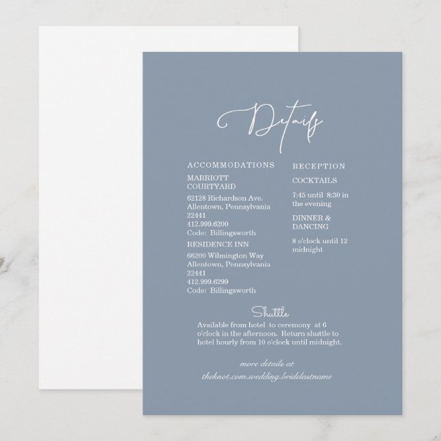 Moderne Hochzeitsdetails in Blau und Weiß Einladung (Vorne/Hinten)