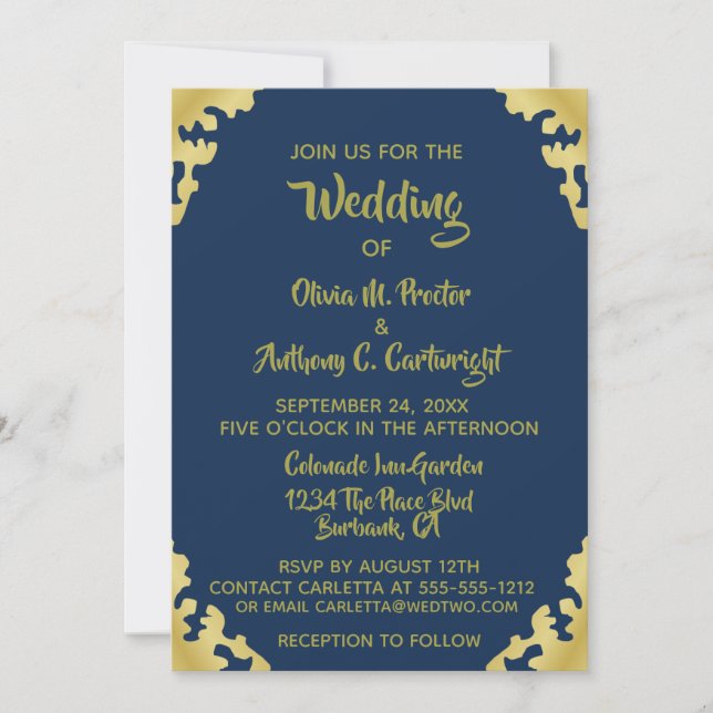 Moderne Hochzeitseinladung in Blau und Gold Einladung (Vorderseite)