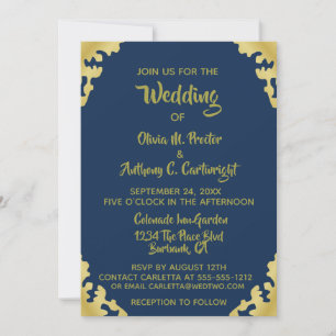 Moderne Hochzeitseinladung in Blau und Gold Einladung