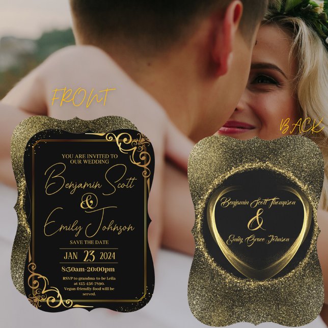 Moderne Hochzeitseinladung in Gold und Schwarz Einladung (Von Creator hochgeladen)