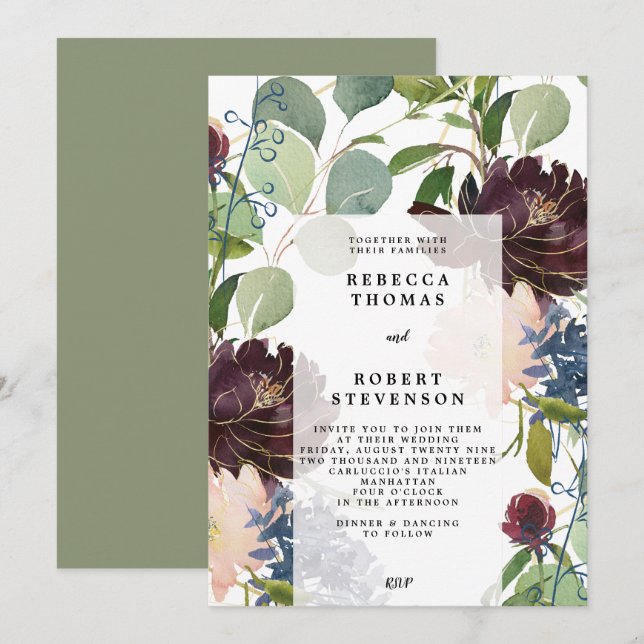 Moderne Hochzeitseinladung lila blaugrüne Blumen Einladung (Vorne/Hinten)